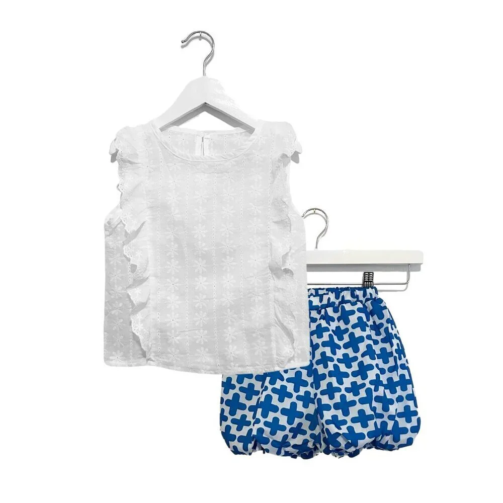 NWT Pretty Girls Eyelet Lace Embroidery Blouse & Bubble Shorts 2 Piece Set 4T